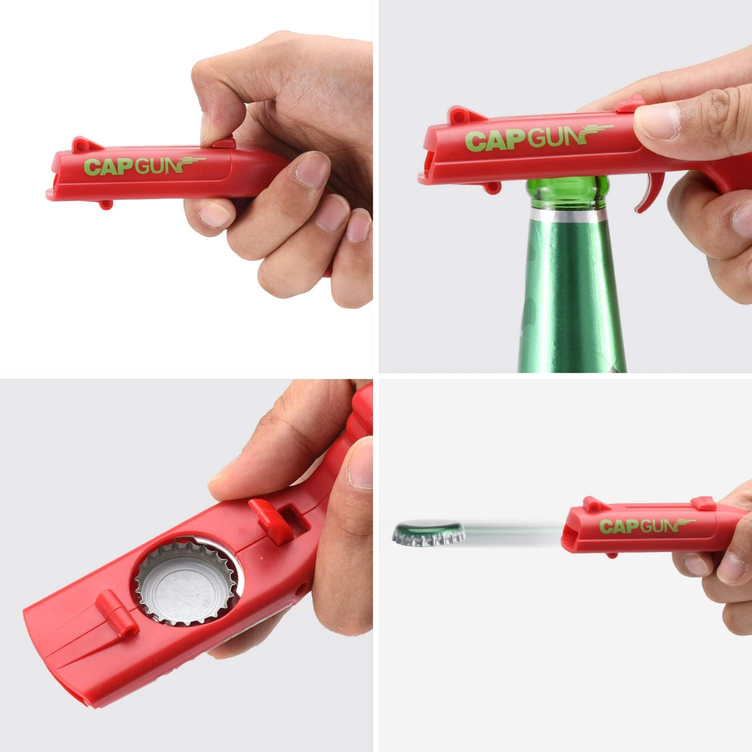 Pistola Abrebotellas que Dispara Chapas y Momentos Épicos